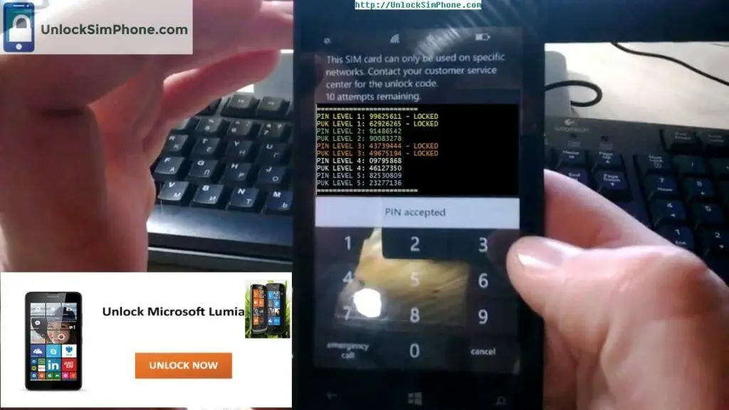 Desbloquear un Lumia 535: Ingresar el código de desbloqueo de SIM en la pantalla del teléfono.