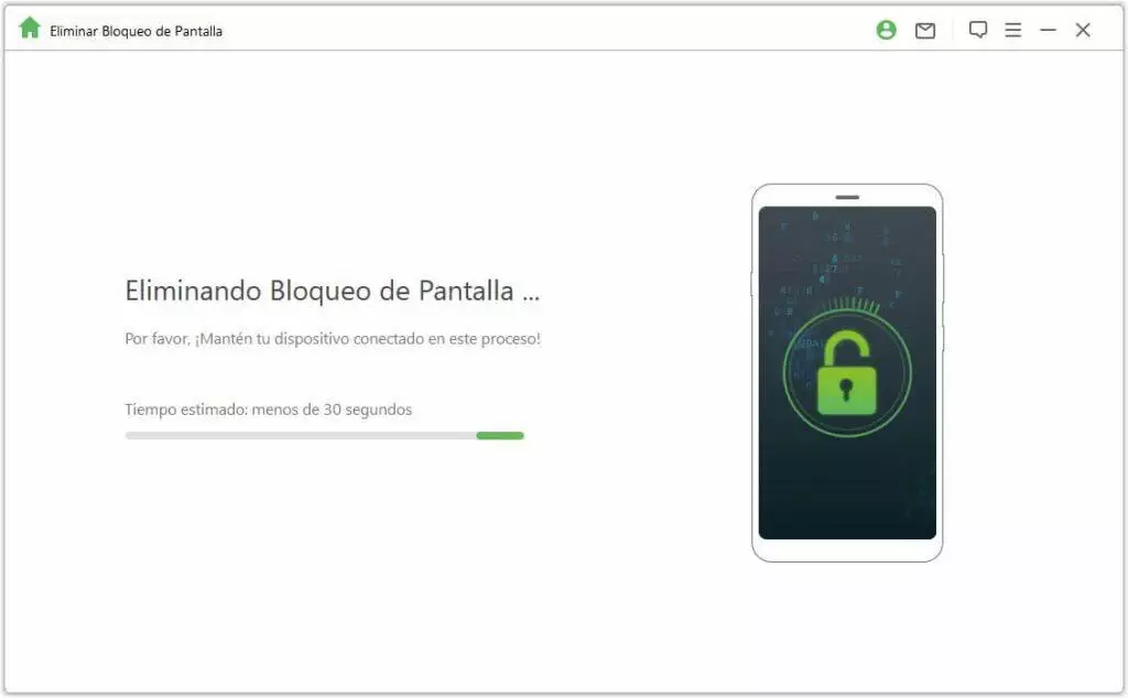 Desbloqueo de pantalla del teléfono mediante computadora. La barra de progreso muestra el proceso de desbloqueo.